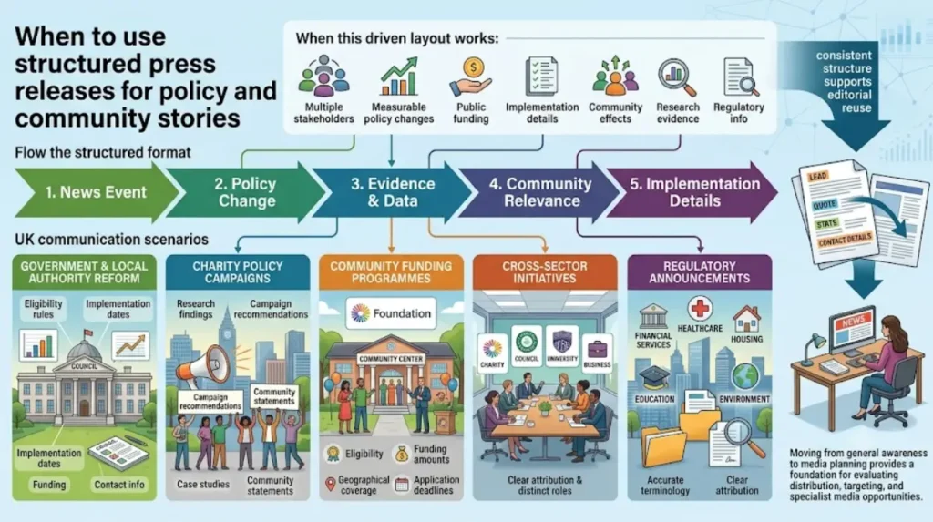 When should organisations use a structured press release layout for policy and community stories?