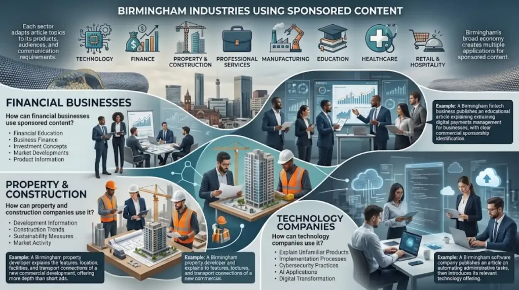 Which Birmingham industries use sponsored content?