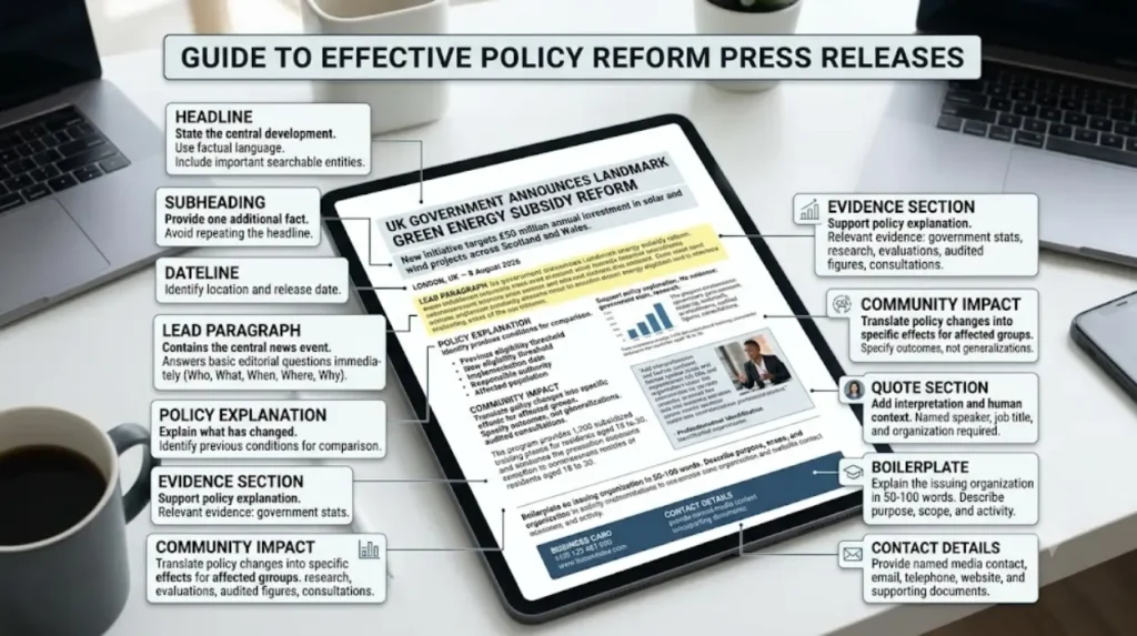 Which sections belong in a policy reform press release?
