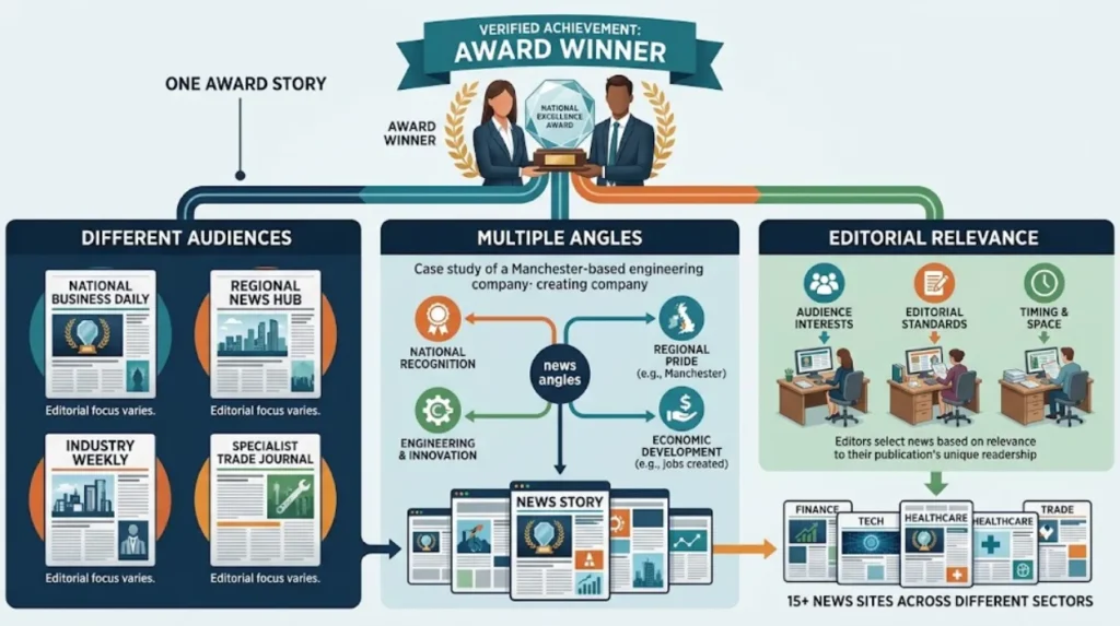 Why can one award story appear on 15 news sites?