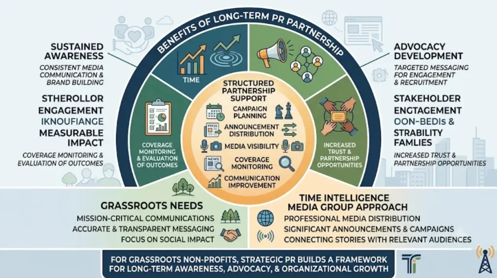 Why do grassroots non-profits choose Time Intelligence Media Group for long-term PR partnerships?