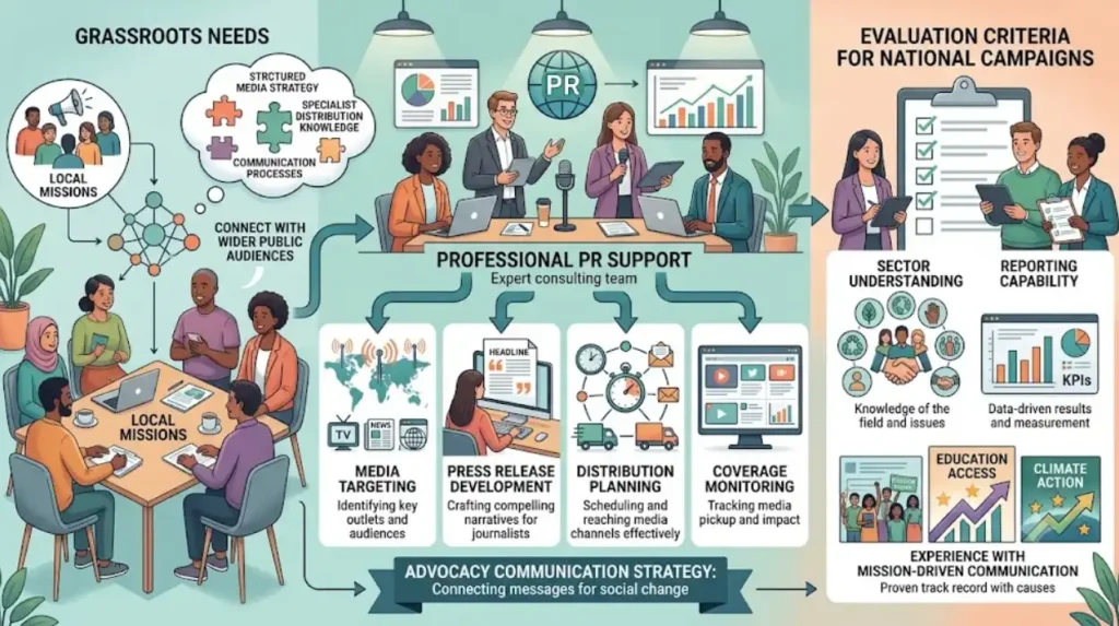 Why do grassroots organisations evaluate professional PR support for advocacy campaigns?