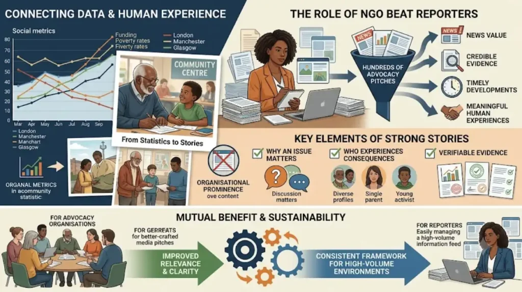 Why do human-interest stories remain important in NGO reporting?