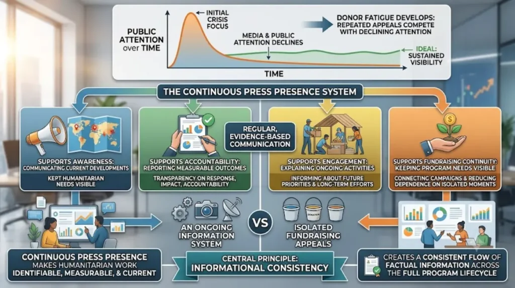 Why is continuous press presence important for humanitarian organisations facing donor fatigue?