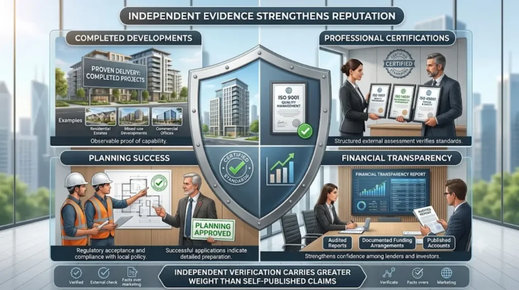 How Under-the-Radar Development Firms Build Credibility Against Massive Construction Giants 1 What evidence strengthens a developer's reputation?