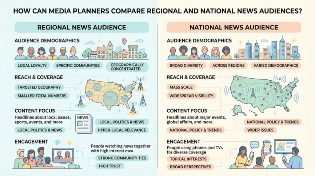 How can media planners compare regional and national news audiences