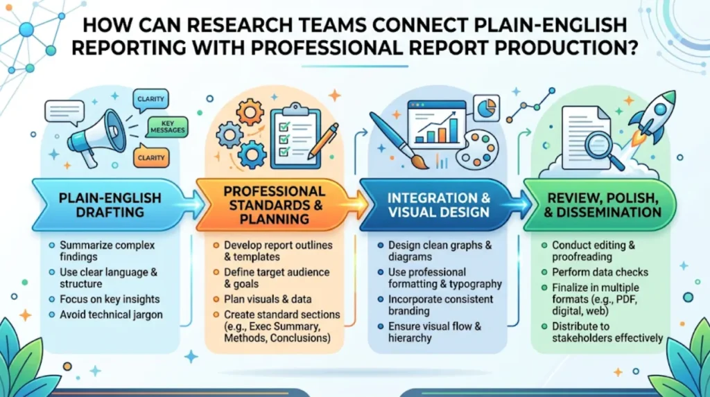 How can research teams connect plain English reporting with professional report production