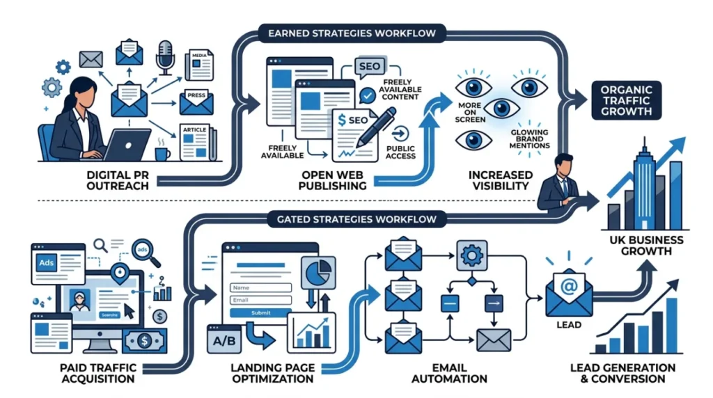 How do UK lead generation campaigns execute earned versus gated distribution