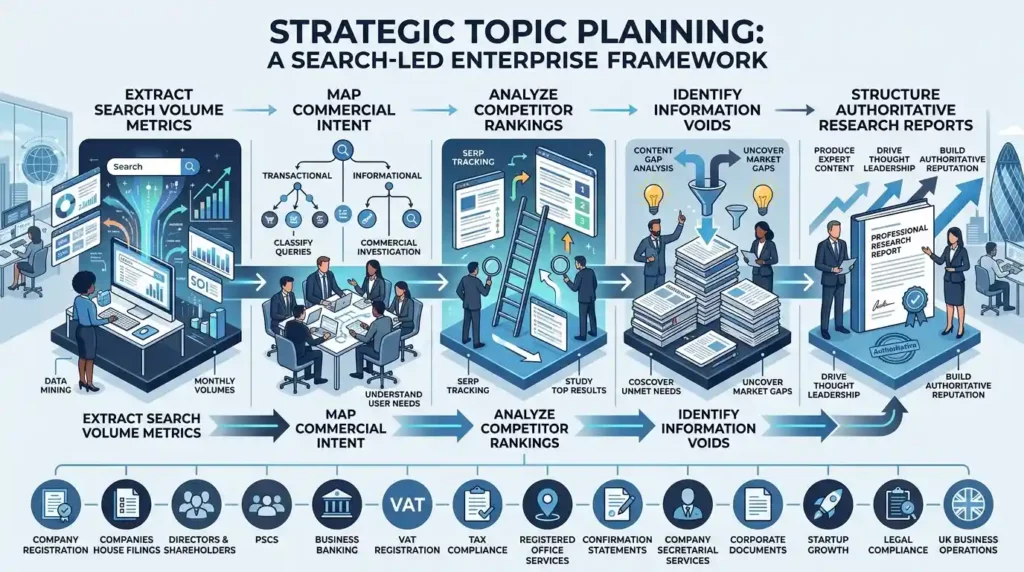 How do enterprises utilize search led topic planning to develop high impact research reports