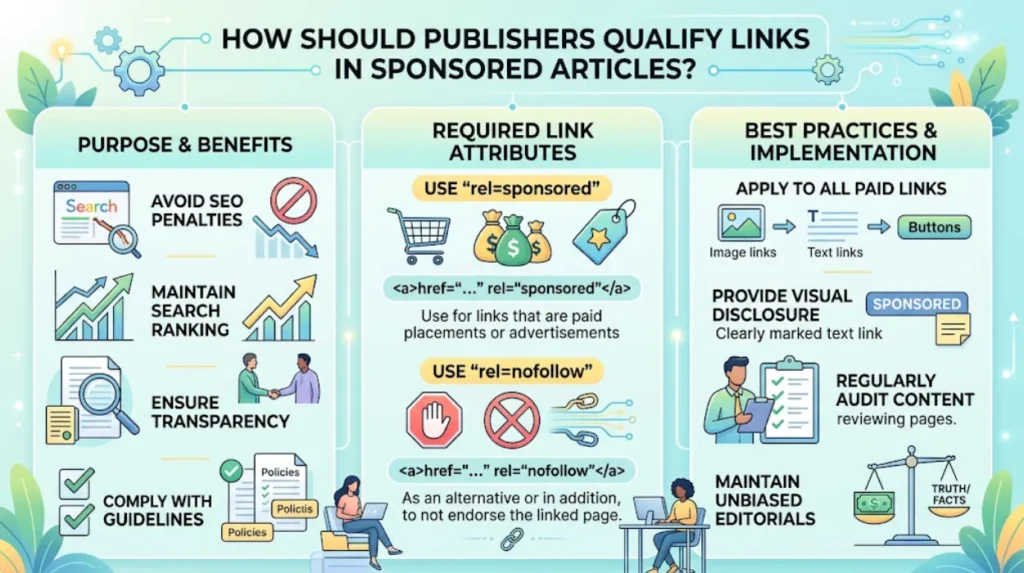 How should publishers qualify links in sponsored articles