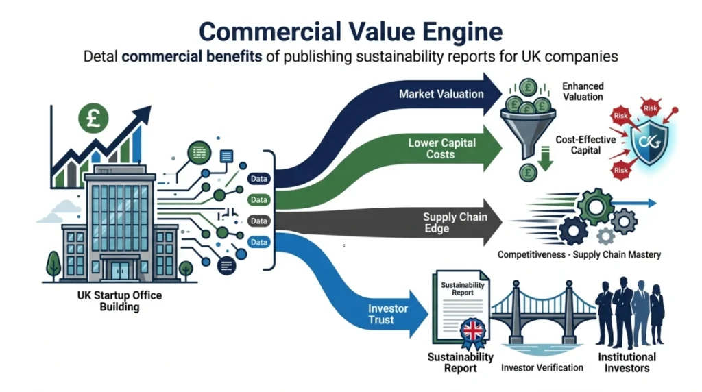What are the commercial benefits of publishing sustainability reports on UK media
