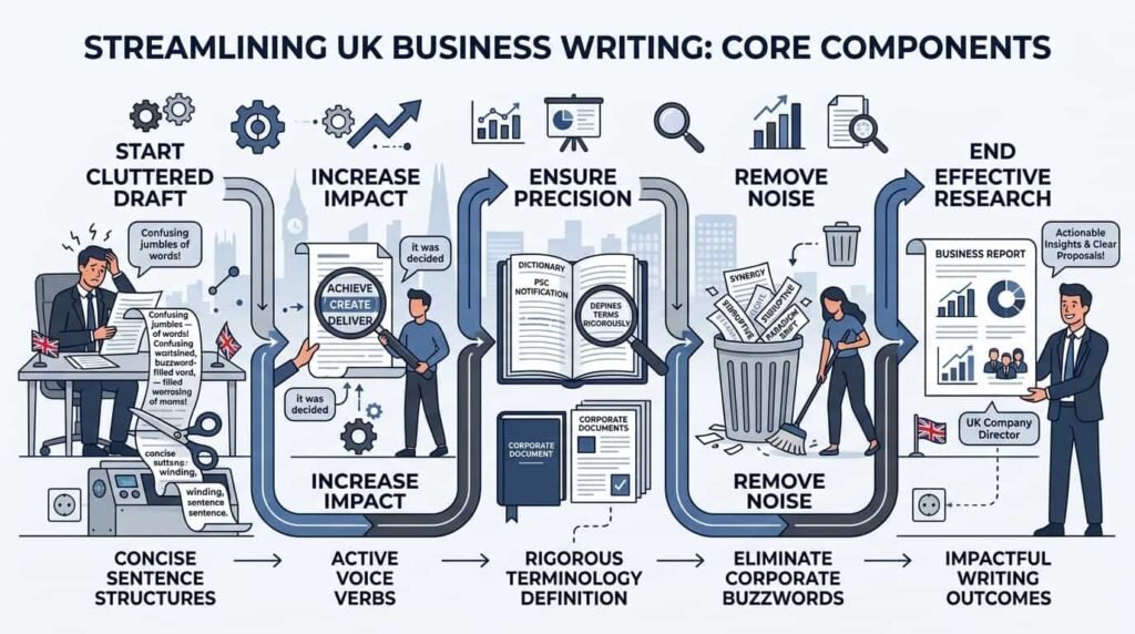 What are the core components of clear research writing for businesses