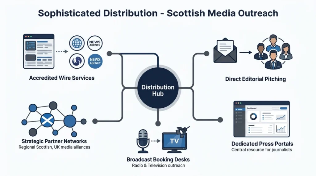 What are the main distribution channels for Scottish media outreach