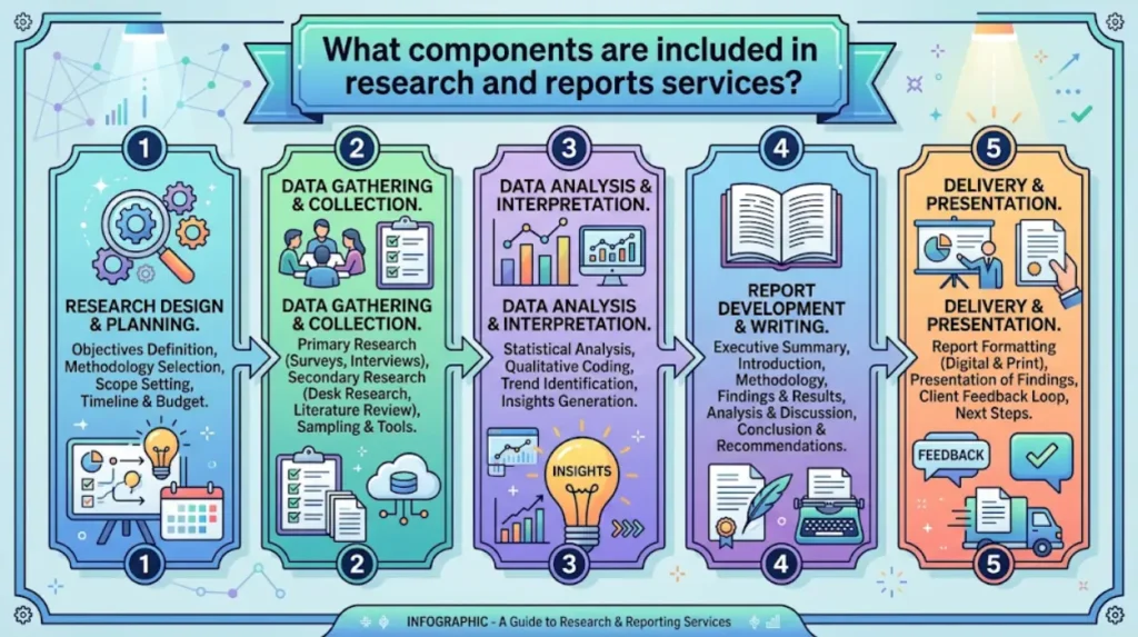 What components are included in research and reports services