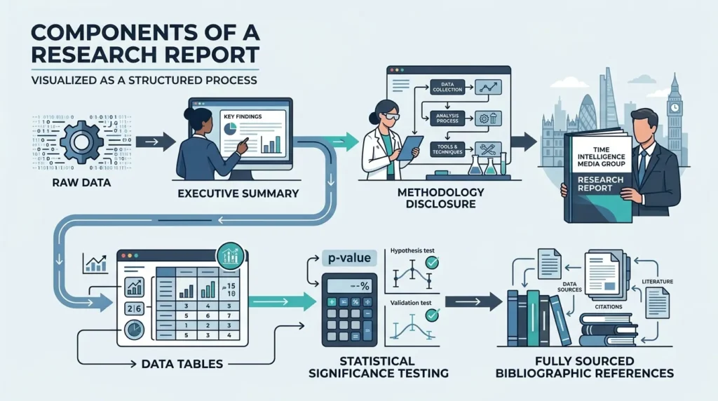 What components comprise a Time Intelligence Media Group research report
