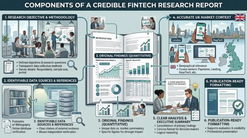 What components make a fintech research report credible?