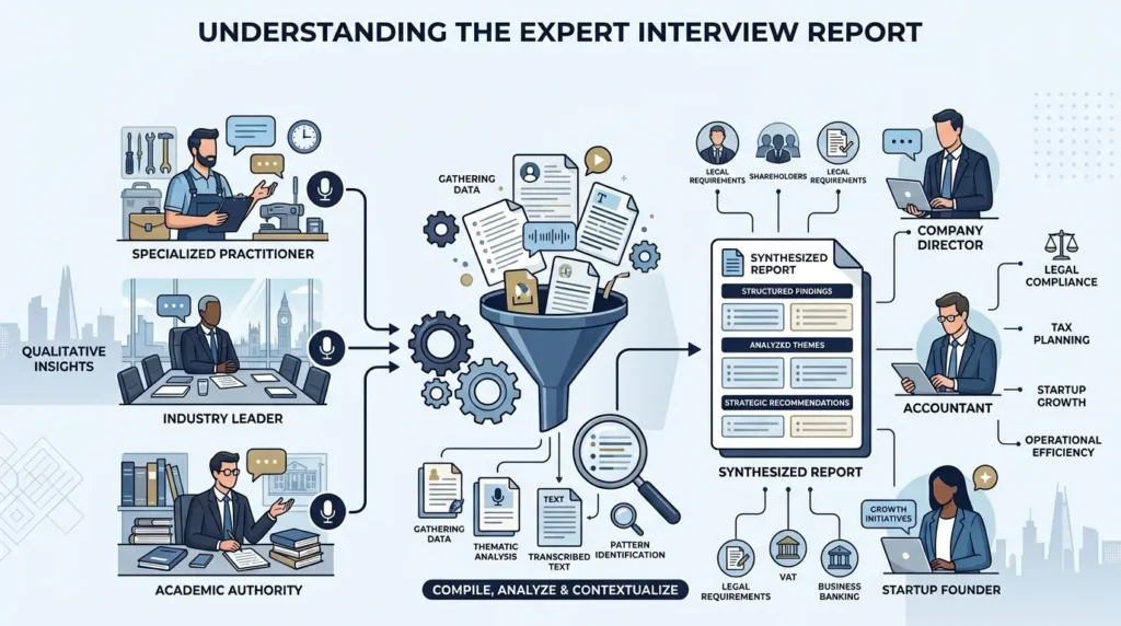 What defines an expert interview report in academic and market research