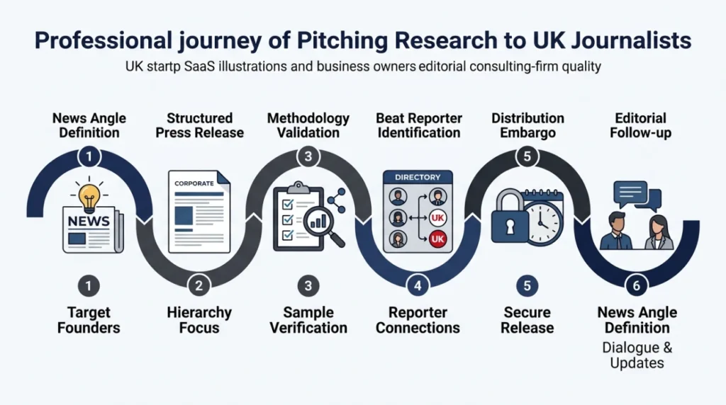 What is the step by step process for pitching research to UK journalists