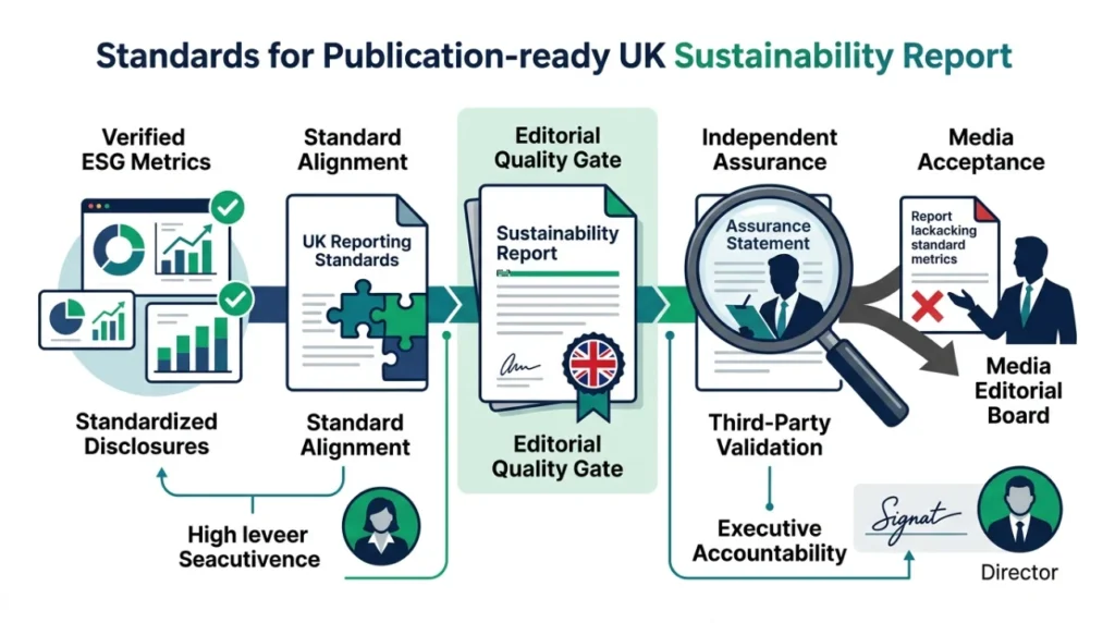 What key components must a sustainability report contain for UK publication