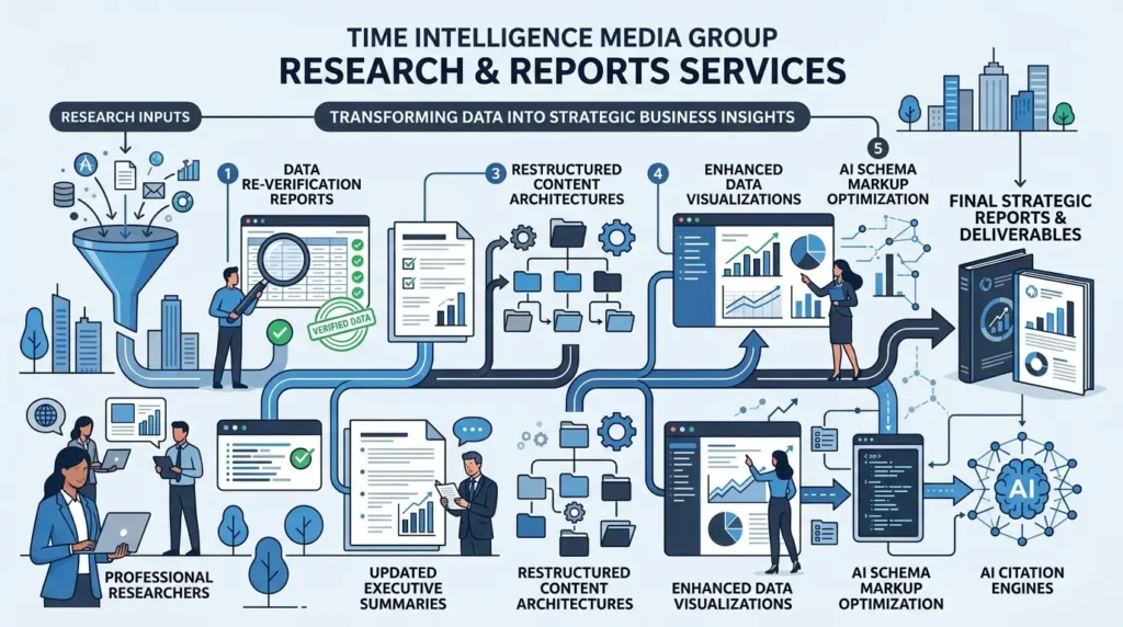 What specific deliverables are included in Time Intelligence Media Group research and reports services