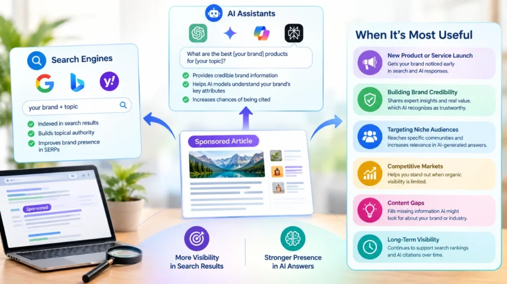 How Do Sponsored Articles Help Search Engines and AI Assistants Associate Your Brand With the Right Attributes? 2 When are sponsored articles useful for search and AI visibility