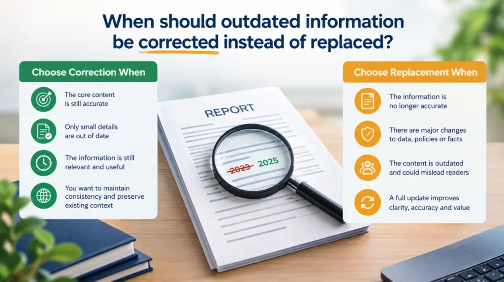 When should outdated information be corrected instead of replaced