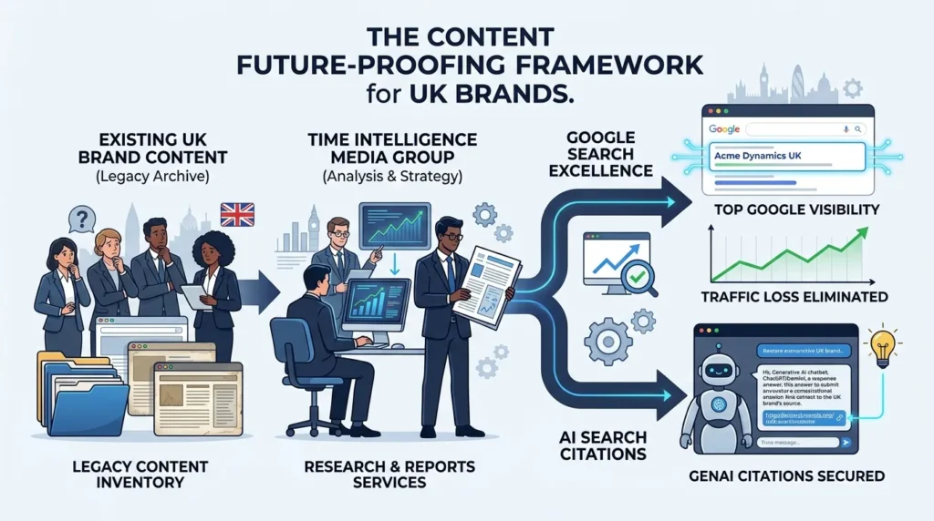 Why do UK brands use Time Intelligence Media Group research and reports services for legacy content