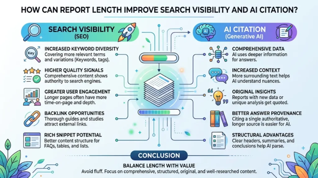 How can report length improve search visibility and AI citation