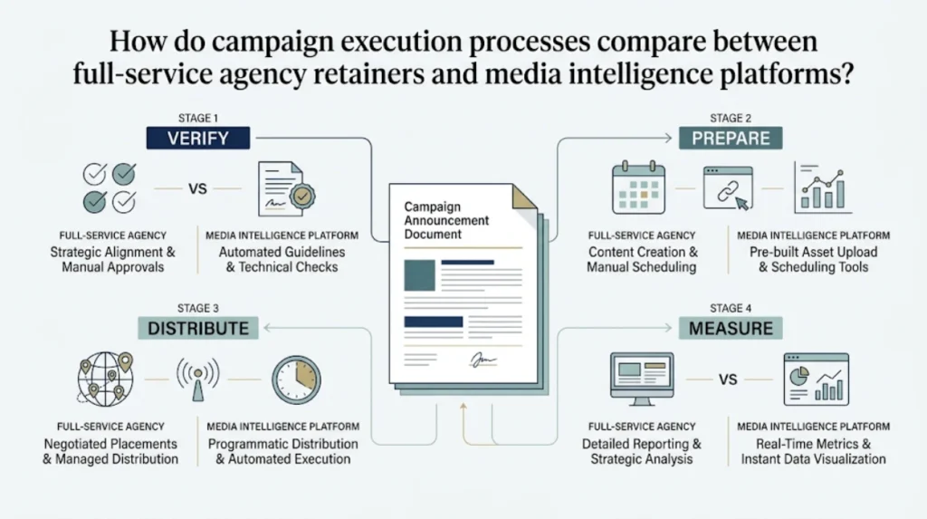 How do campaign execution processes compare between full service agency retainers and media intelligence platforms