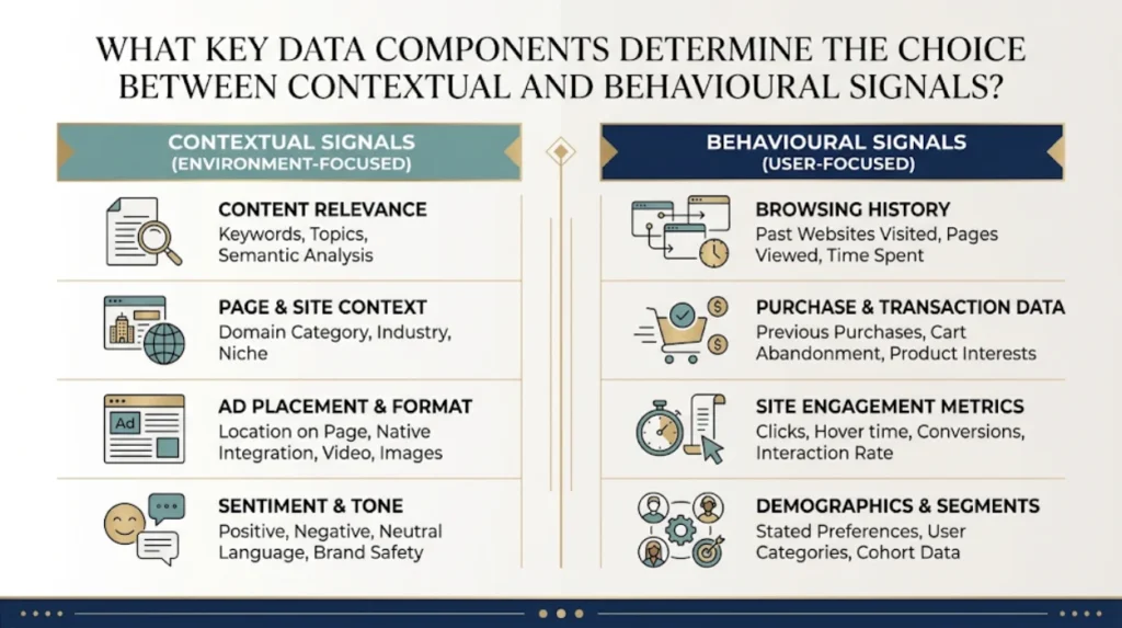 What Key Data Components Determine the Choice Between Contextual and Behavioural Signals