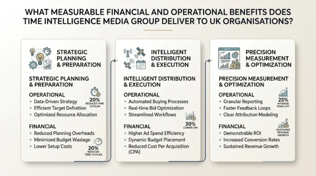 What measurable financial and operational benefits does Time Intelligence Media Group deliver to UK organisations