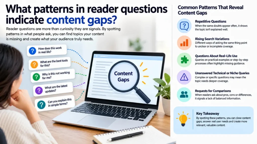 What patterns in reader questions indicate content gaps