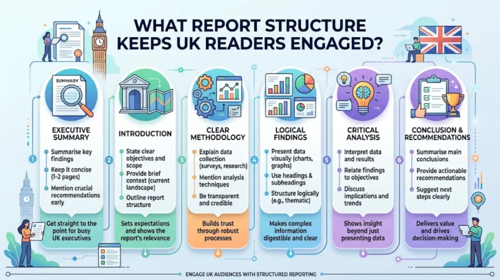 What report structure keeps UK readers engaged