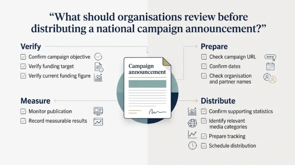 Integrating Strategic Press Distribution into Your National Crowdfunding and Awareness Checklist 2 What should organisations review before distributing a national campaign announcement