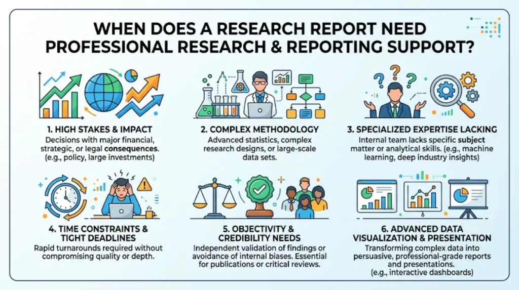When does a research report need professional research and reporting support